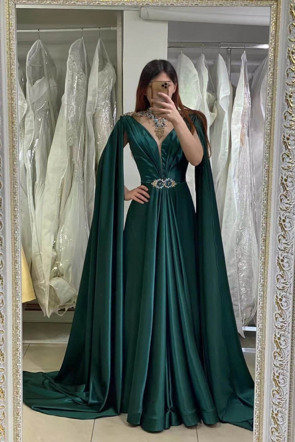 Dark Green V-Neck A-Line Long Prom Dress With Ruffles and Beads