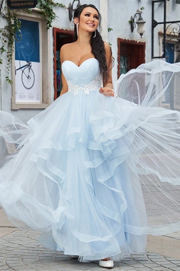 Long Baby Blue Tulle Prom Dress with Applique