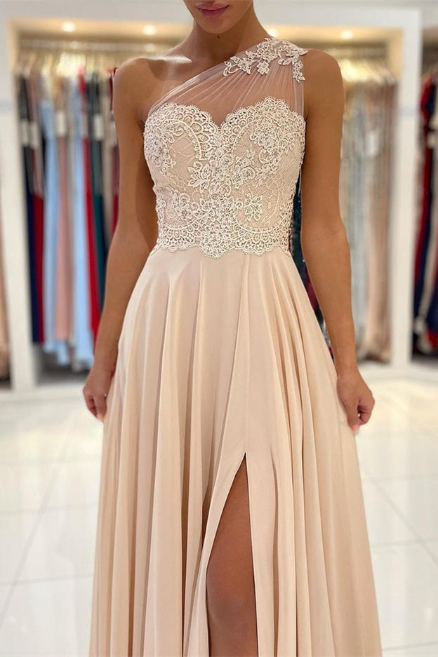 One-Shoulder Prom Dress with Lace Appliques and Slit