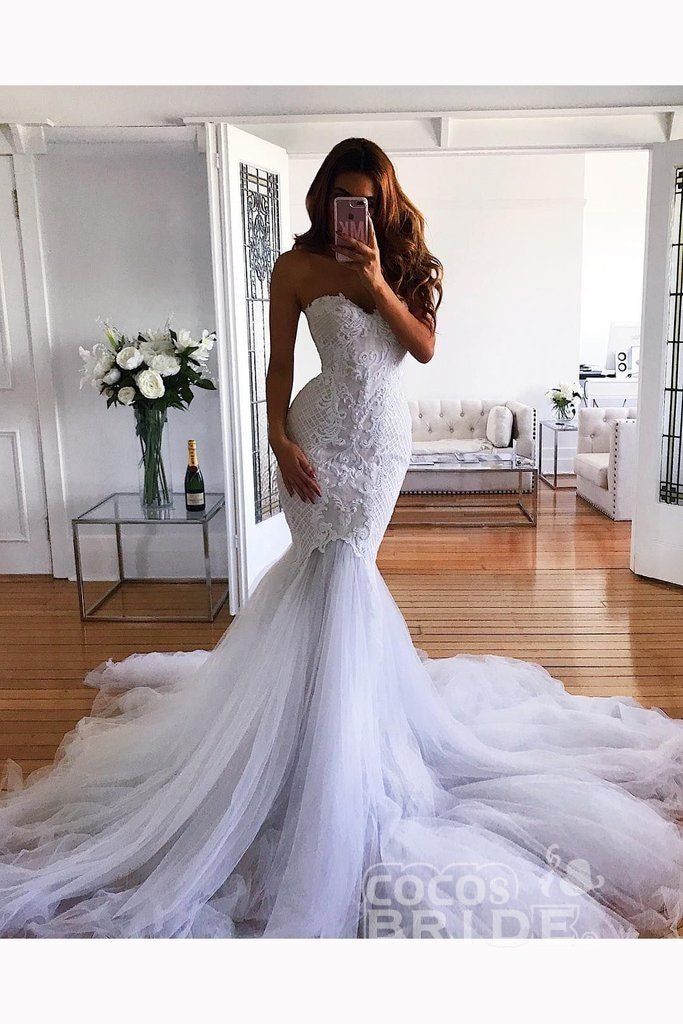 Bmbride Mermaid Sweetheart Sweep Train Tulle Lace Appliqued Wedding Dress in White