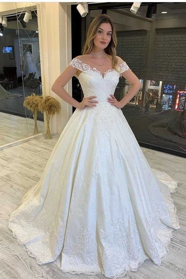 Bmbride Off-the-Shoulder Appliques Lace A-Line Wedding Dress with Train