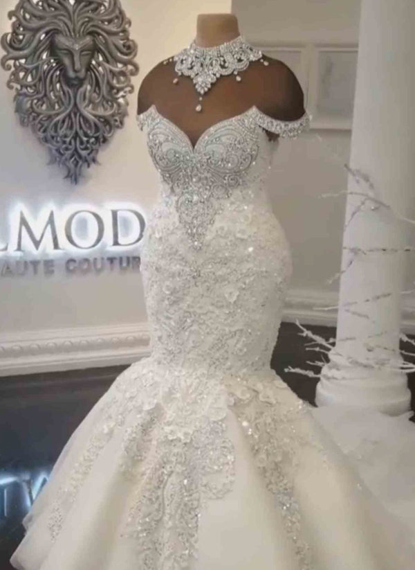 Bmbride Off-the-Shoulder Mermaid Wedding Dress with Appliques and Crystals