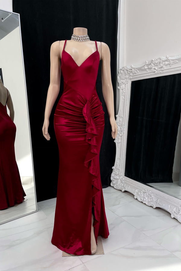 Burgundy Gown Spaghetti Strap Sleeveless Pleated Side Slit Prom Dress