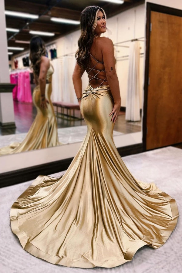 Golden Prom Dress: V Neck Mermaid Style Sleeveless and Backless