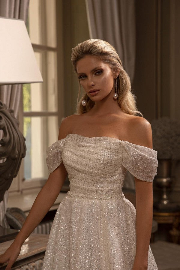 Bmbride Glitter Long A-line Off the Shoulder Wedding Dresses