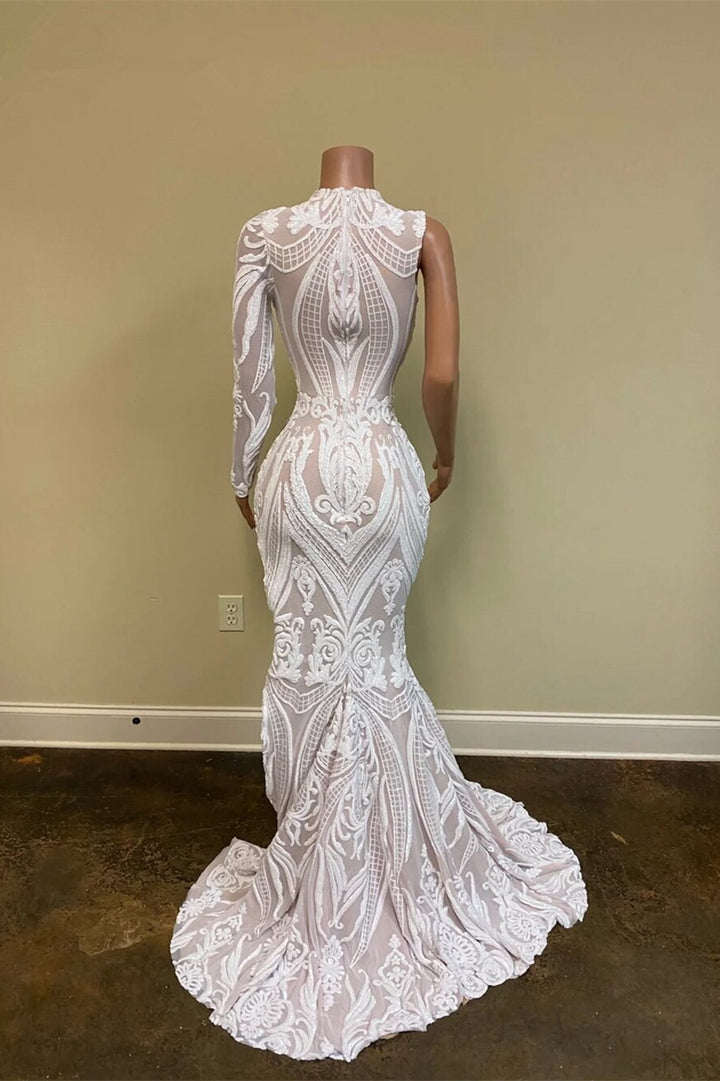 One-Shoulder White Long Sleeves Prom Dress Mermaid Sequins Lace Split