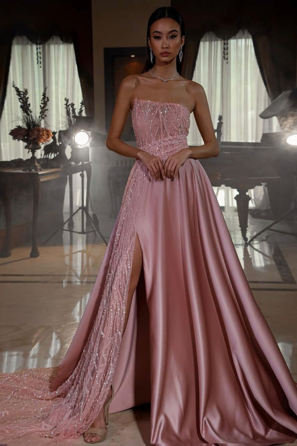 Pink Strapless Sleeveless Sequins A-Line Prom Dress With Split.