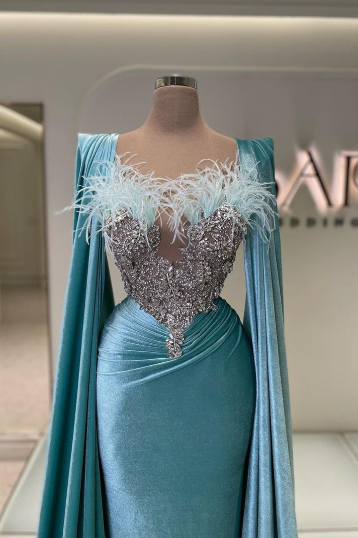 Sky Blue Evening Dress with Feather Long Sleeves Beadings and Mermaid Appliques
