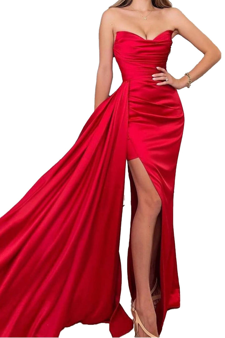 Sleeveless Red Prom Dress with Long Slit and Trailing