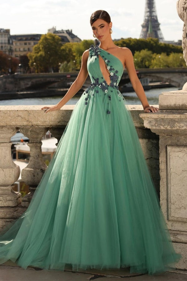 Green Prom Dress A Line V Neck Pleated One Shoulder