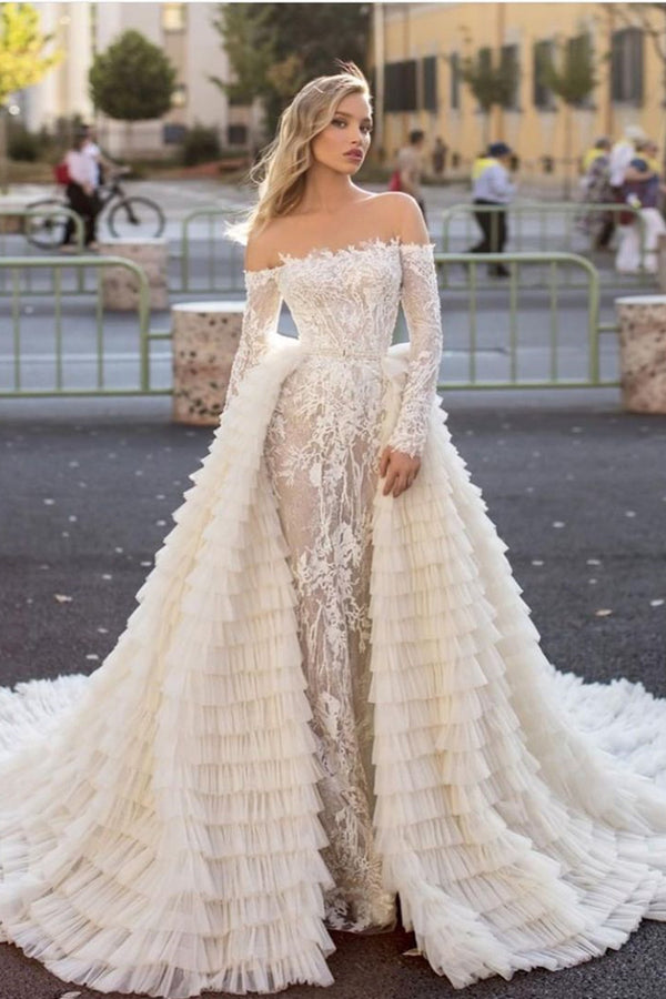 Bmbride Off the Shoulder Long Sleeves Mermaid Wedding Dress With Train