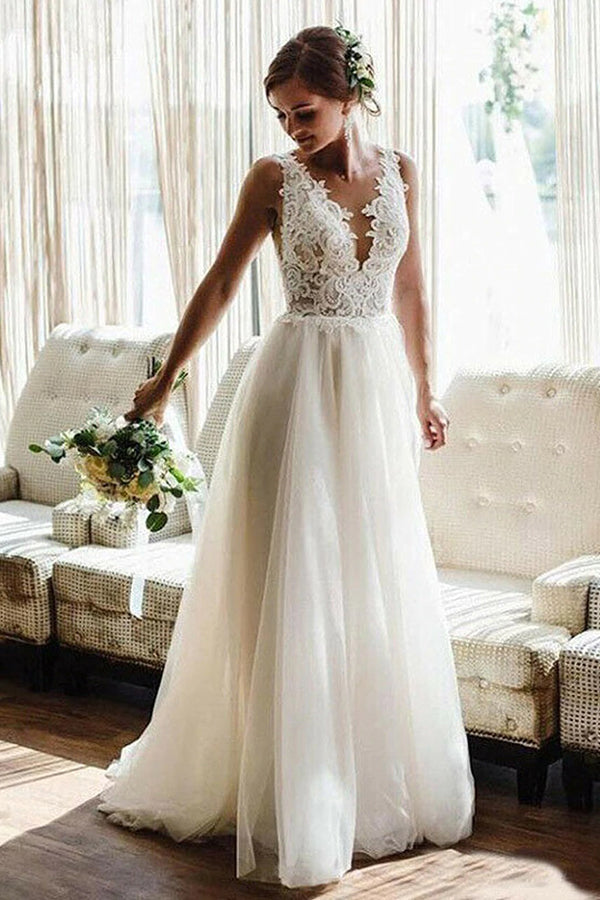 Bmbride Straps V-neck Lace Appliques A-line Backless Wedding Dress