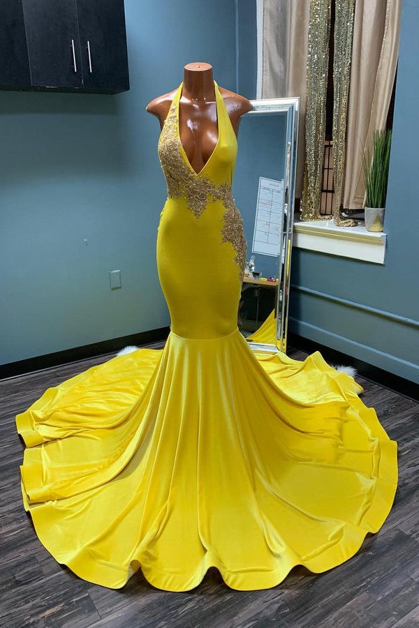 Daffodil Evening Dress - Halter Appliques Long Mermaid V Neck