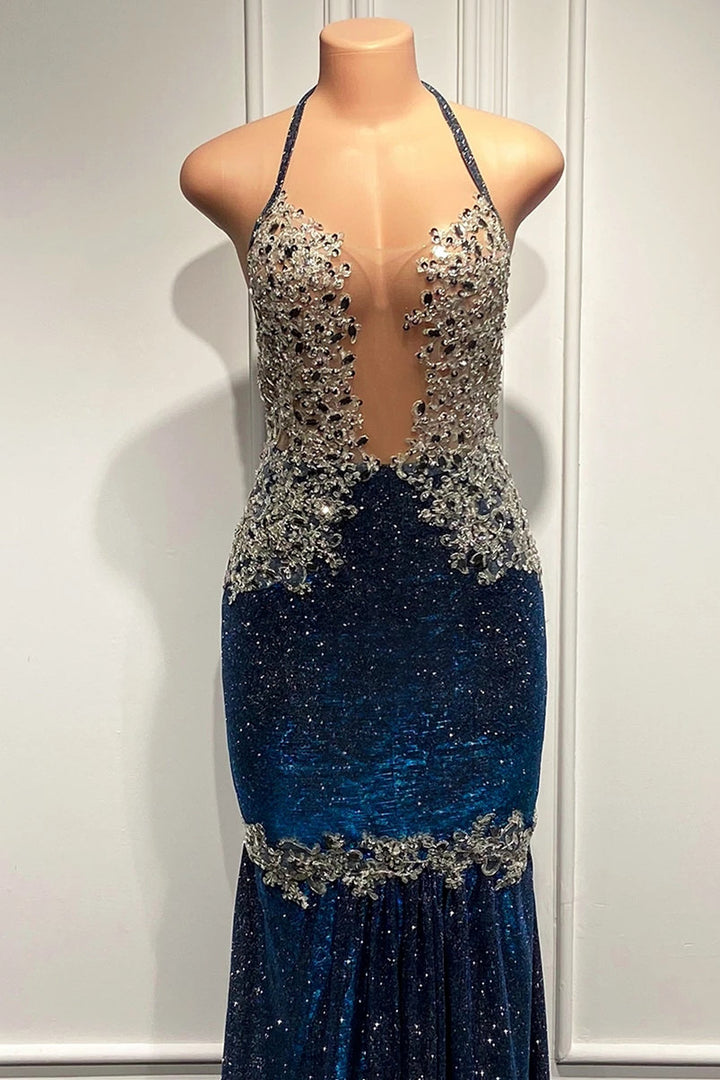 Sequin Blue Mermaid Long Prom Dress with Spaghetti Straps