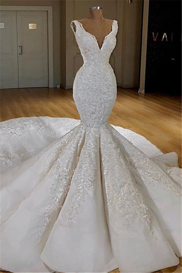 Bmbride Mermaid Lace Wedding Dress with Long Train