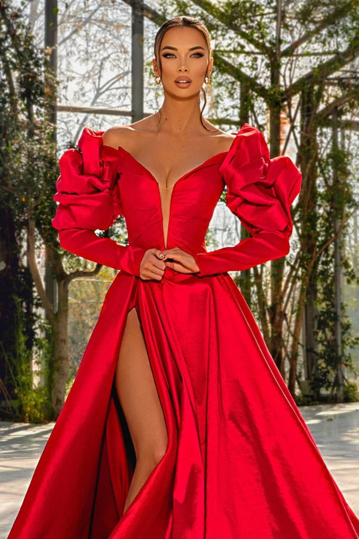 Red V Neck Bubble Sleeves Slit Prom Dress