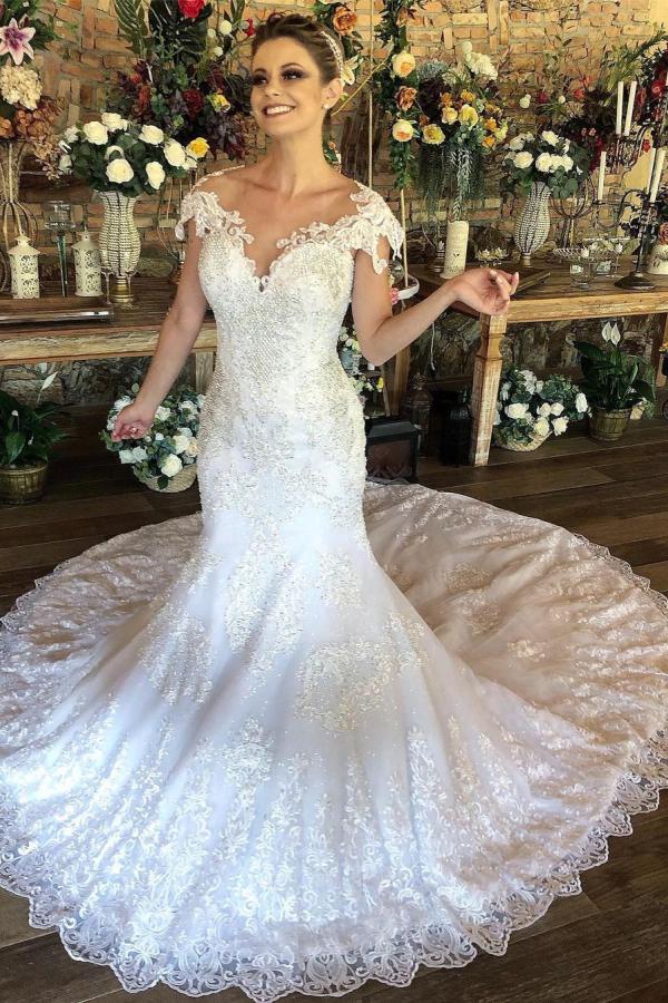 Bmbride Long Mermaid Lace Wedding Dress with Cap Sleeves