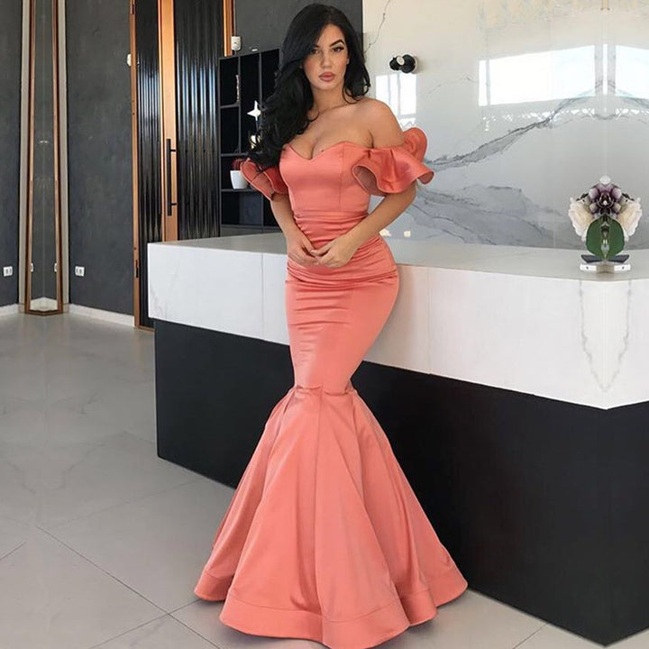 Off-the-Shoulder Mermaid Long Prom Dress in Coral