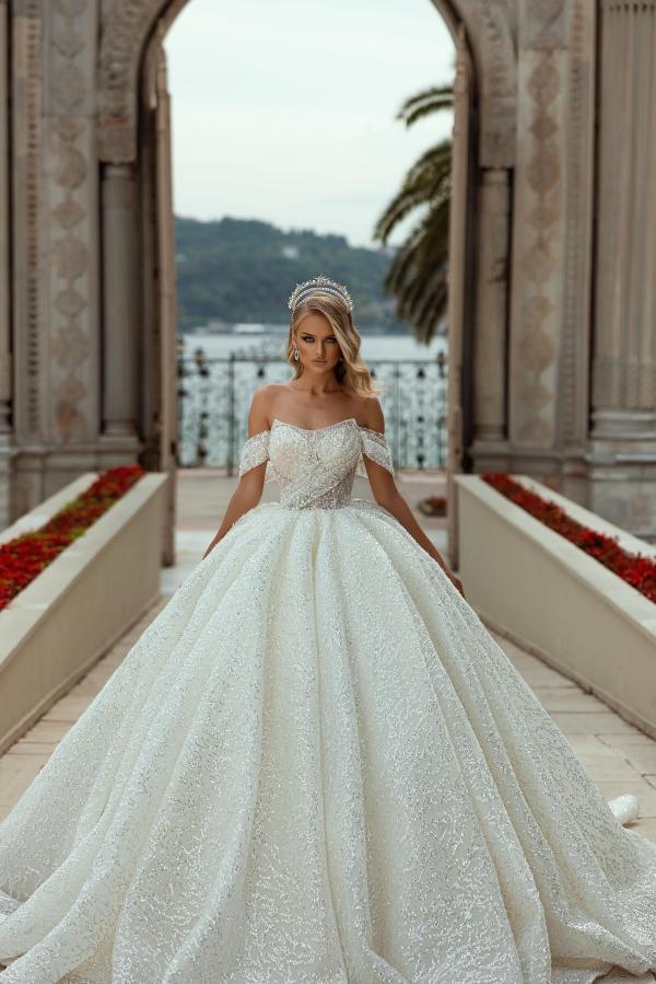 Bmbride Off the Shoulder Sequined Wedding Dress