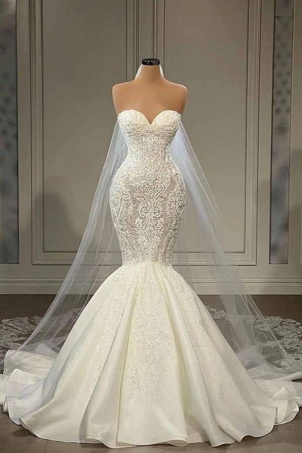 Bmbride Elegant Long Mermaid Sweetheart Satin Lace Wedding Dresses with Appliques Beads