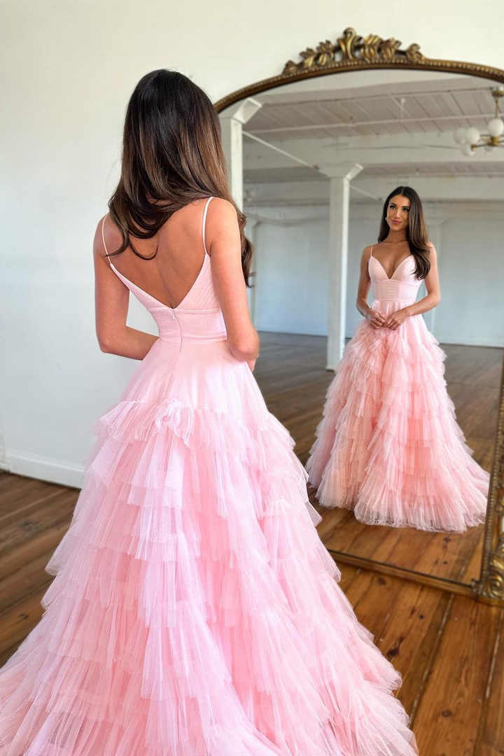 Sleeveless Spaghetti Strap Tulle Pink Mermaid Prom Dress