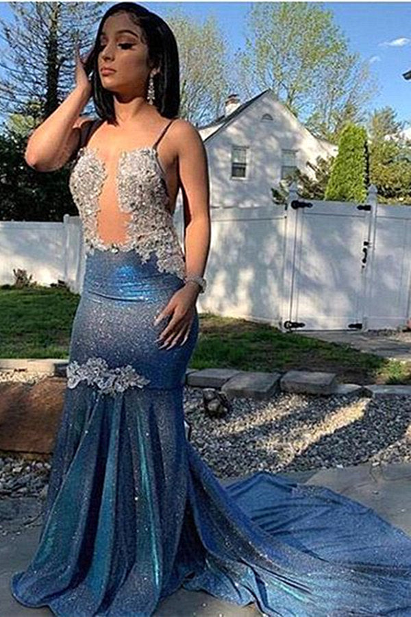 Sequin Blue Mermaid Long Prom Dress with Spaghetti Straps