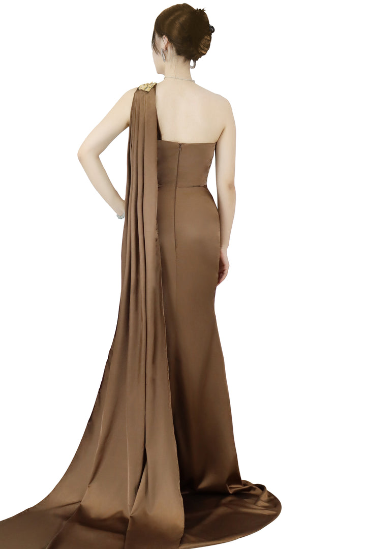 Brown One Shoulder Sleeveless Long Prom Dress With Slit