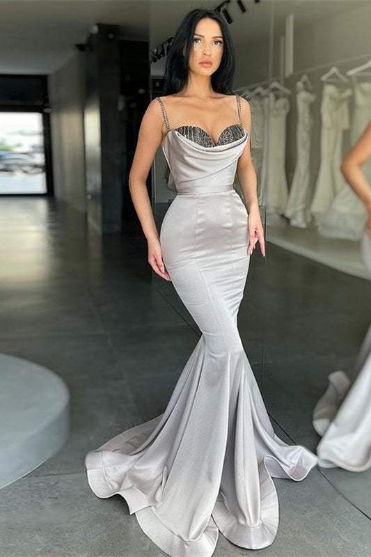 Silver Gray Spaghetti Straps Mermaid Prom Dress Sequins