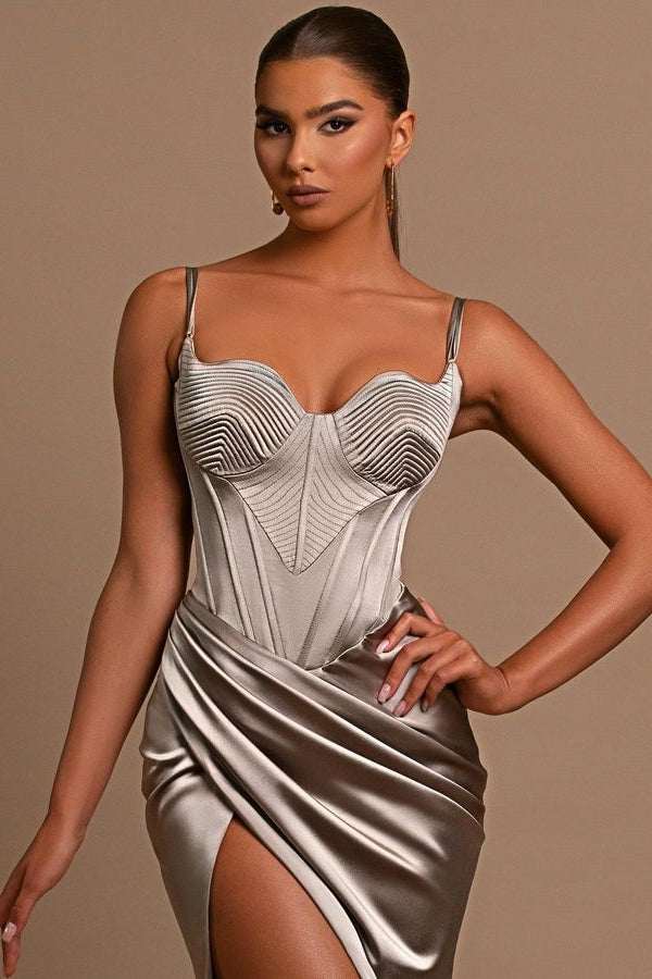 Grey Evening Dress Ball Gown with Slit Pleated Spaghetti Straps