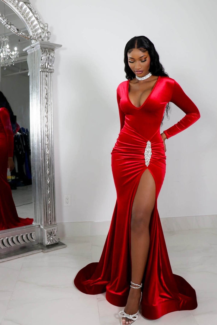 Red Long Sleeve Prom Dress with High Slit and Pleated Design