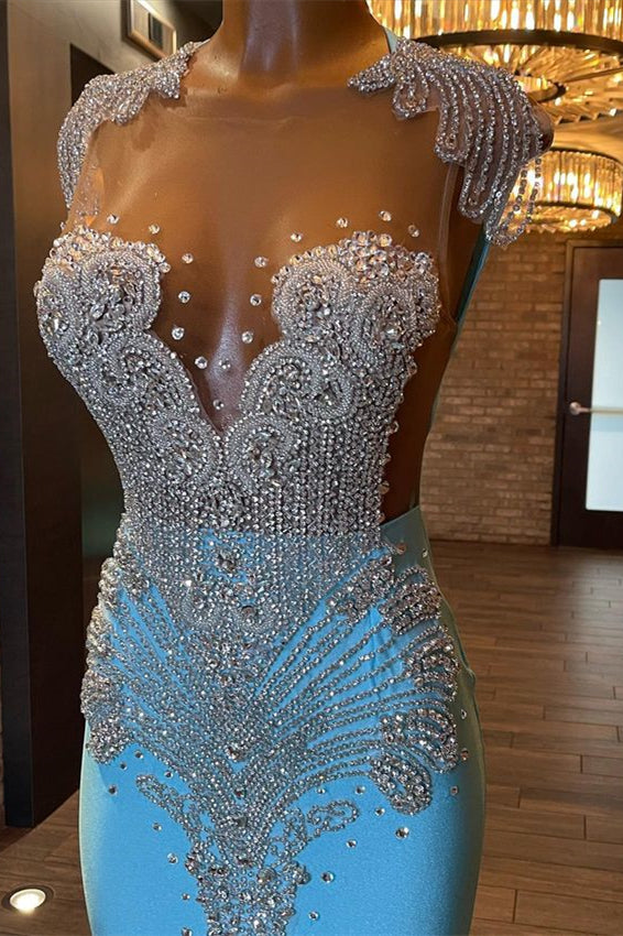 Sleeveless Evening Dress Blue Appliques Mermaid With Rhinestone