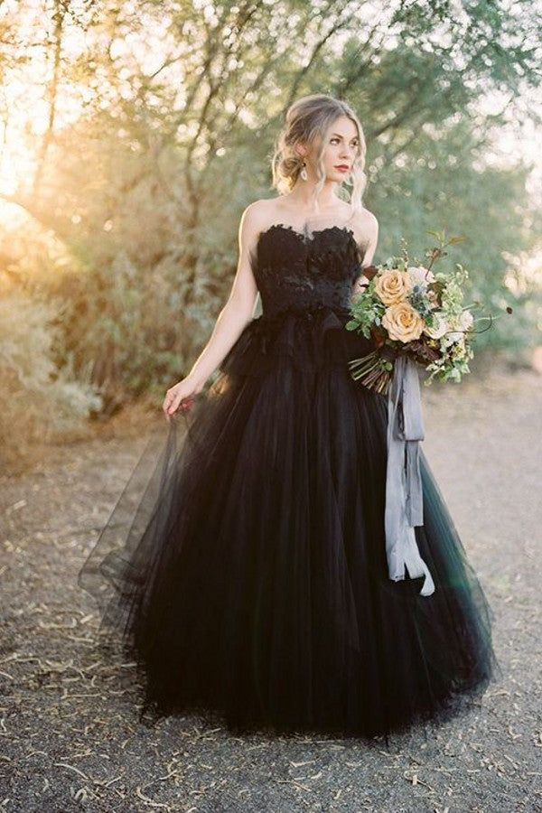 Bmbride Long Black Tulle Wedding Dress with Lace