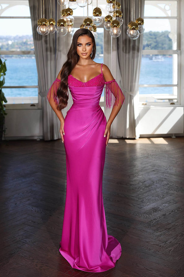 Charming Fuchsia Evening Dress: Spaghetti Strap with Pleated Tassel Sequins