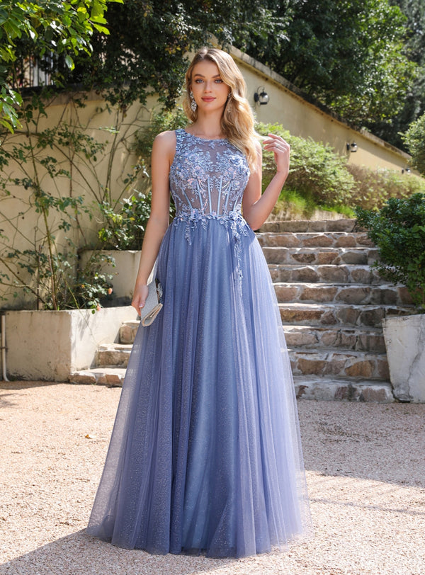 A-line Crew Neck Tulle Floor Length Dress with Appliques Dusty Blue