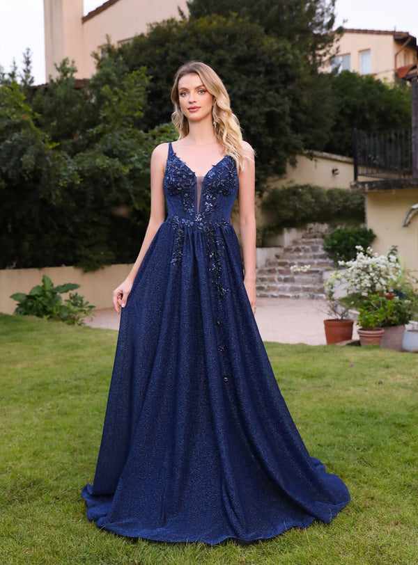 A-line V-Neck Glitter Beadings Floor Length Dress with Appliques Navy
