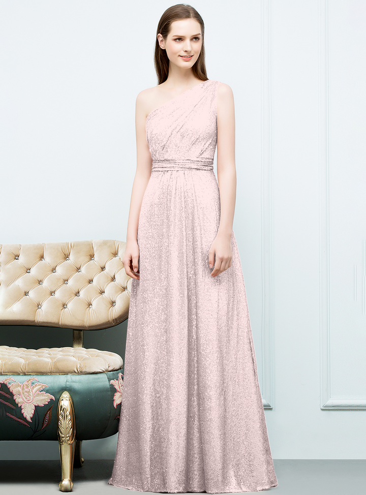 A-line One-Shoulder Sequins Floor-Length Dress Koscy 