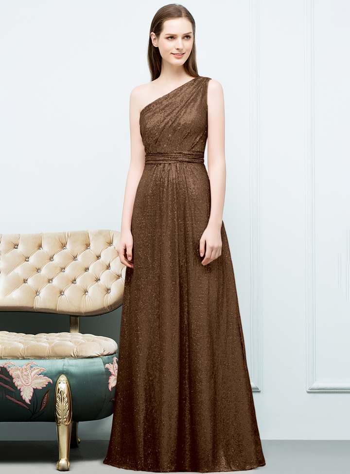 A-line One-Shoulder Sequins Floor-Length Dress Koscy 