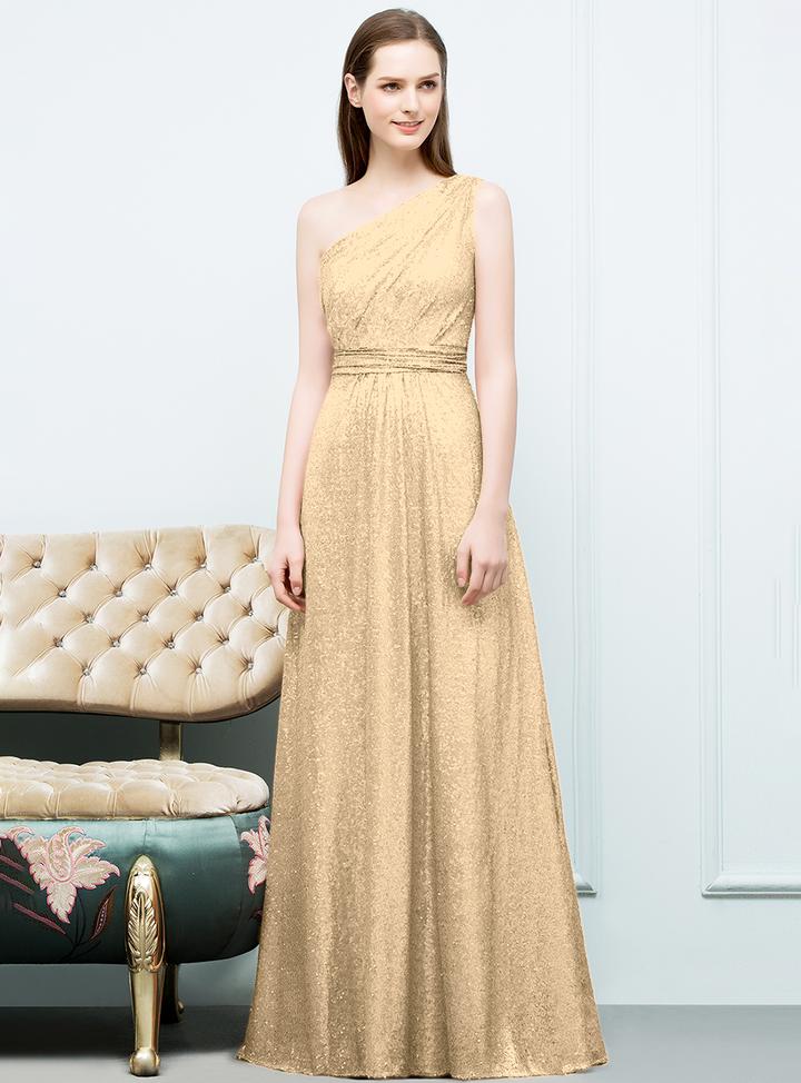 A-line One-Shoulder Sequins Floor-Length Dress Koscy