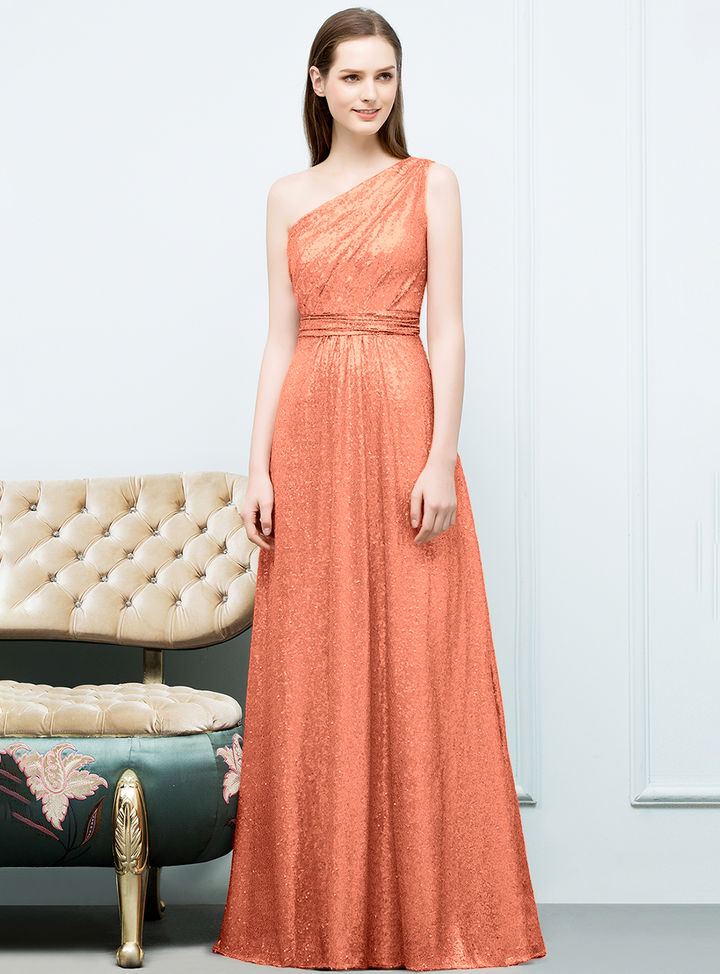 A-line One-Shoulder Sequins Floor-Length Dress Koscy