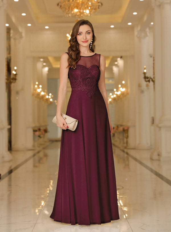 Scoop Neck Sleeveless Chiffon Floor Length Dress with Lace Appliques