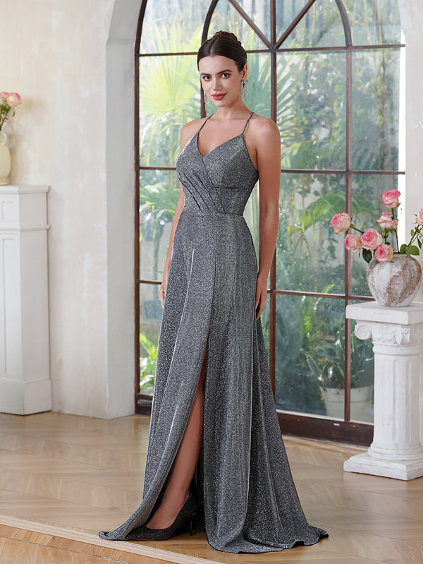 Amazing A-Line Polyester Lurex Fabric V-Neck Sleeveless Darkbrown Prom Dress With Zipper Pocket Split Front