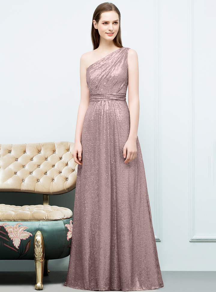 A-line One-Shoulder Sequins Floor-Length Dress Koscy