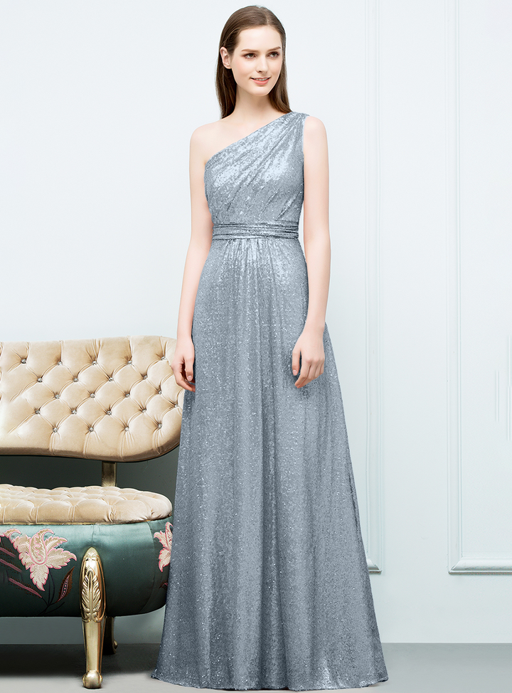 A-line One-Shoulder Sequins Floor-Length Dress Koscy