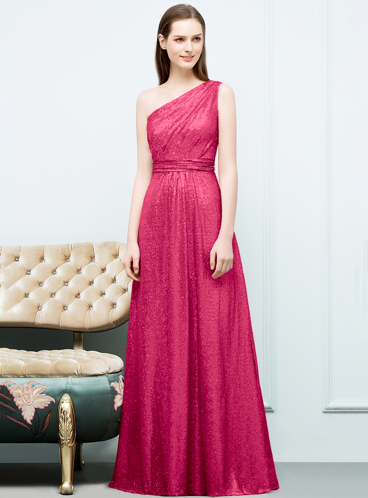 A-line One-Shoulder Sequins Floor-Length Dress Koscy