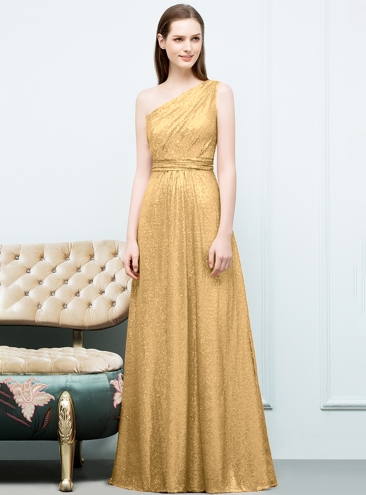 A-line One-Shoulder Sequins Floor-Length Dress Koscy