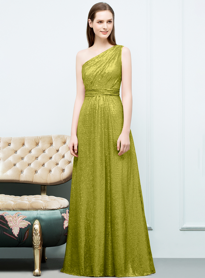 A-line One-Shoulder Sequins Floor-Length Dress Koscy