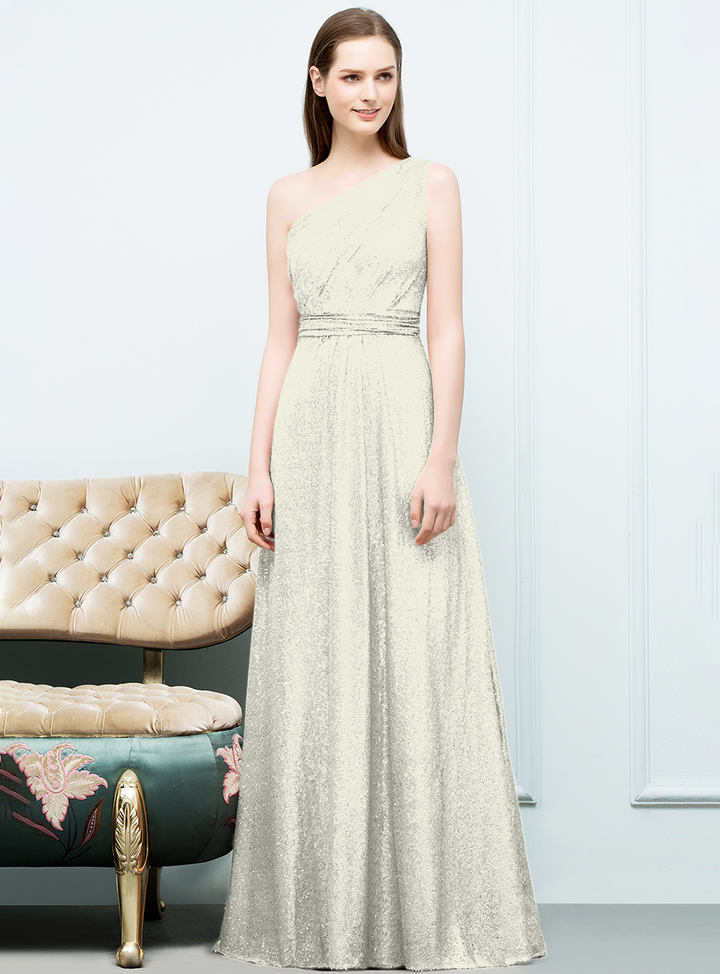 A-line One-Shoulder Sequins Floor-Length Dress Koscy