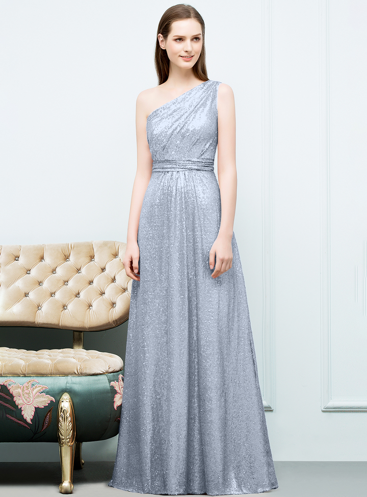 A-line One-Shoulder Sequins Floor-Length Dress Koscy