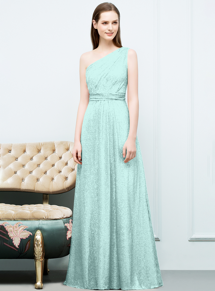 A-line One-Shoulder Sequins Floor-Length Dress Koscy