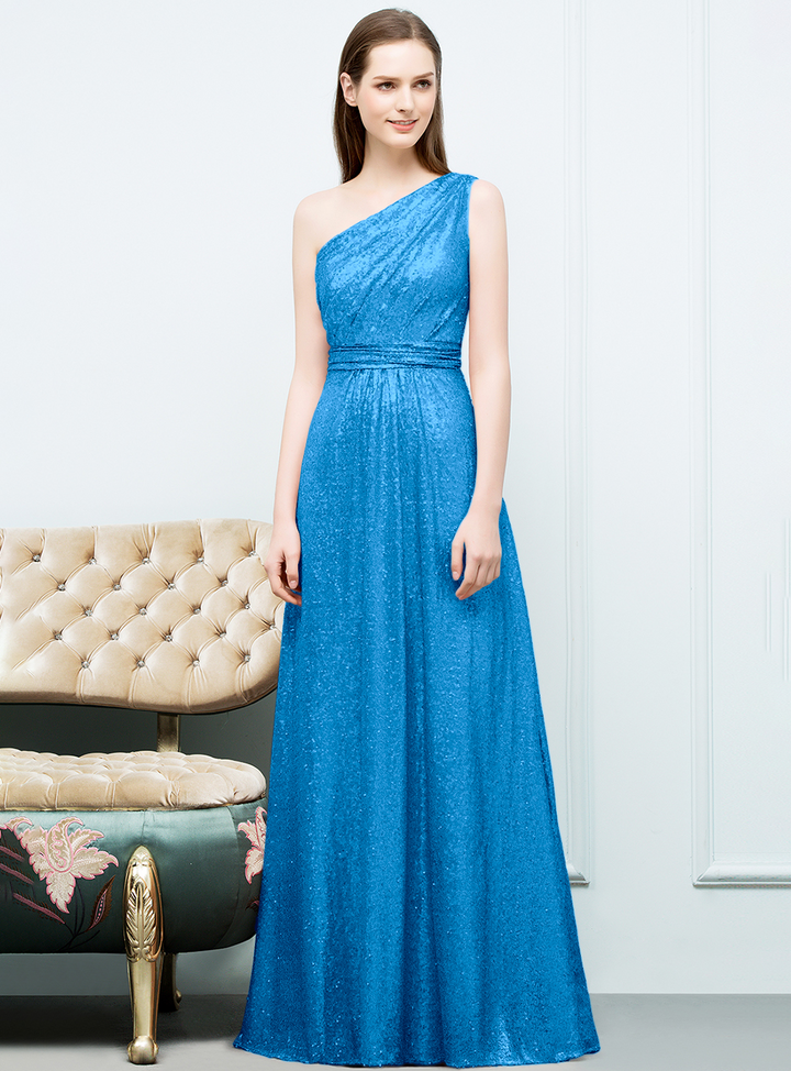 A-line One-Shoulder Sequins Floor-Length Dress Koscy